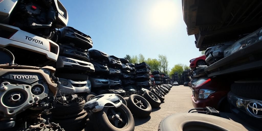 Toyota car parts in a wrecking yard.