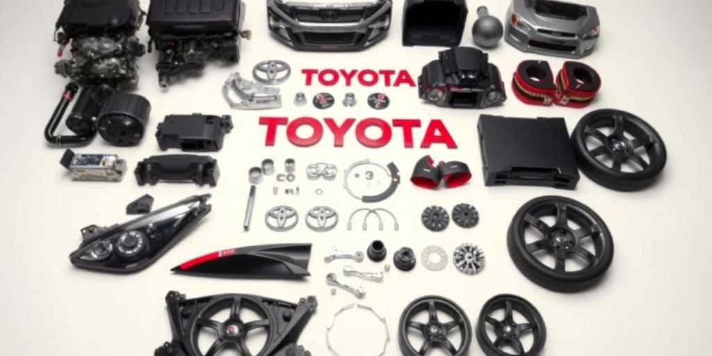 Toyota car parts arranged neatly.