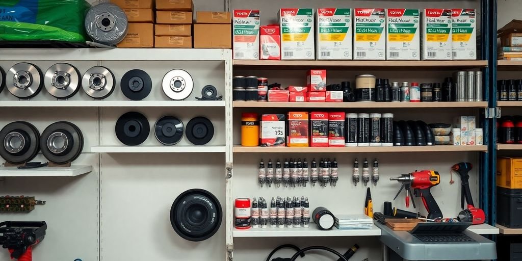 Toyota Hilux parts on shelves.
