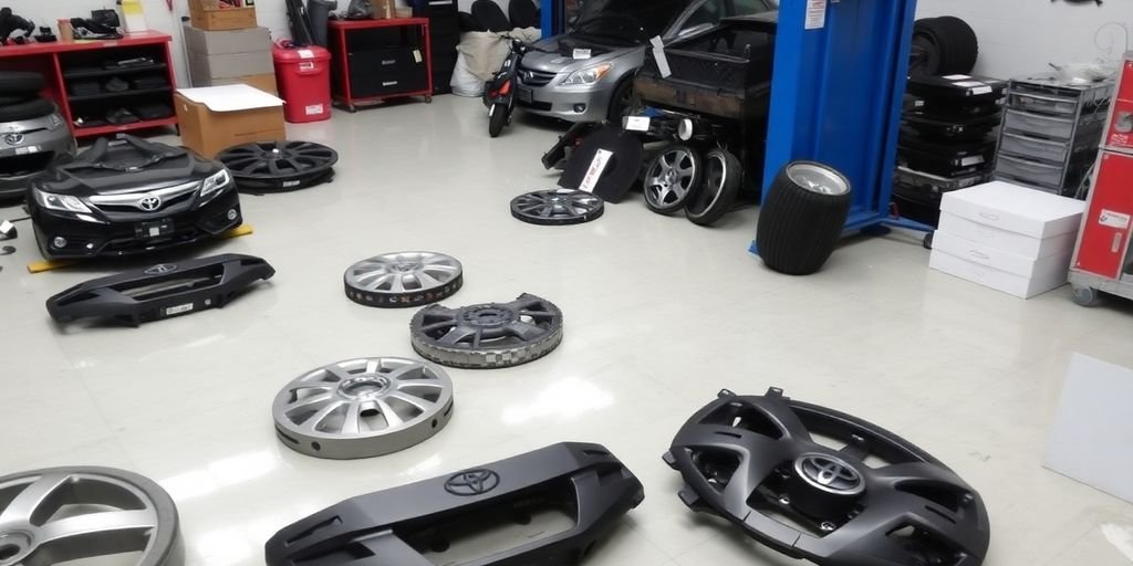 Toyota car parts on a clean workshop floor.