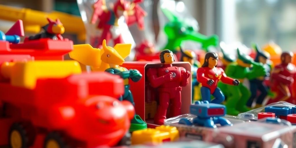 Colorful toy collection, various sizes.