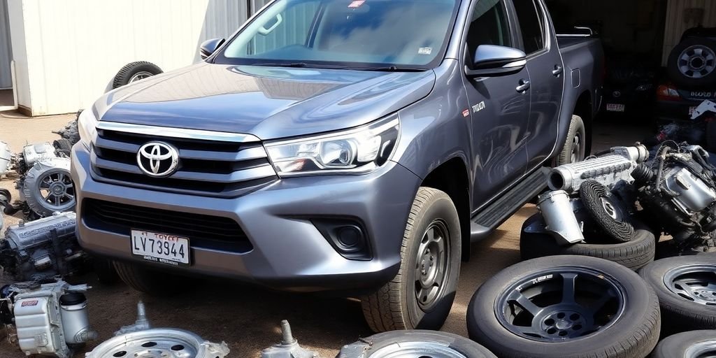Toyota Hilux parked with spare parts nearby.
