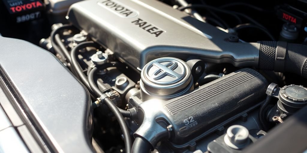 Shiny Toyota car engine parts under sunlight.