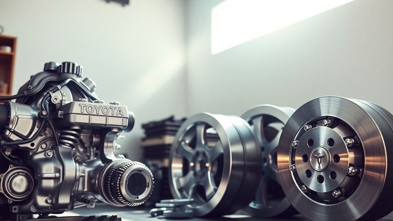 Toyota car parts: engine, wheels, brake pads in garage.