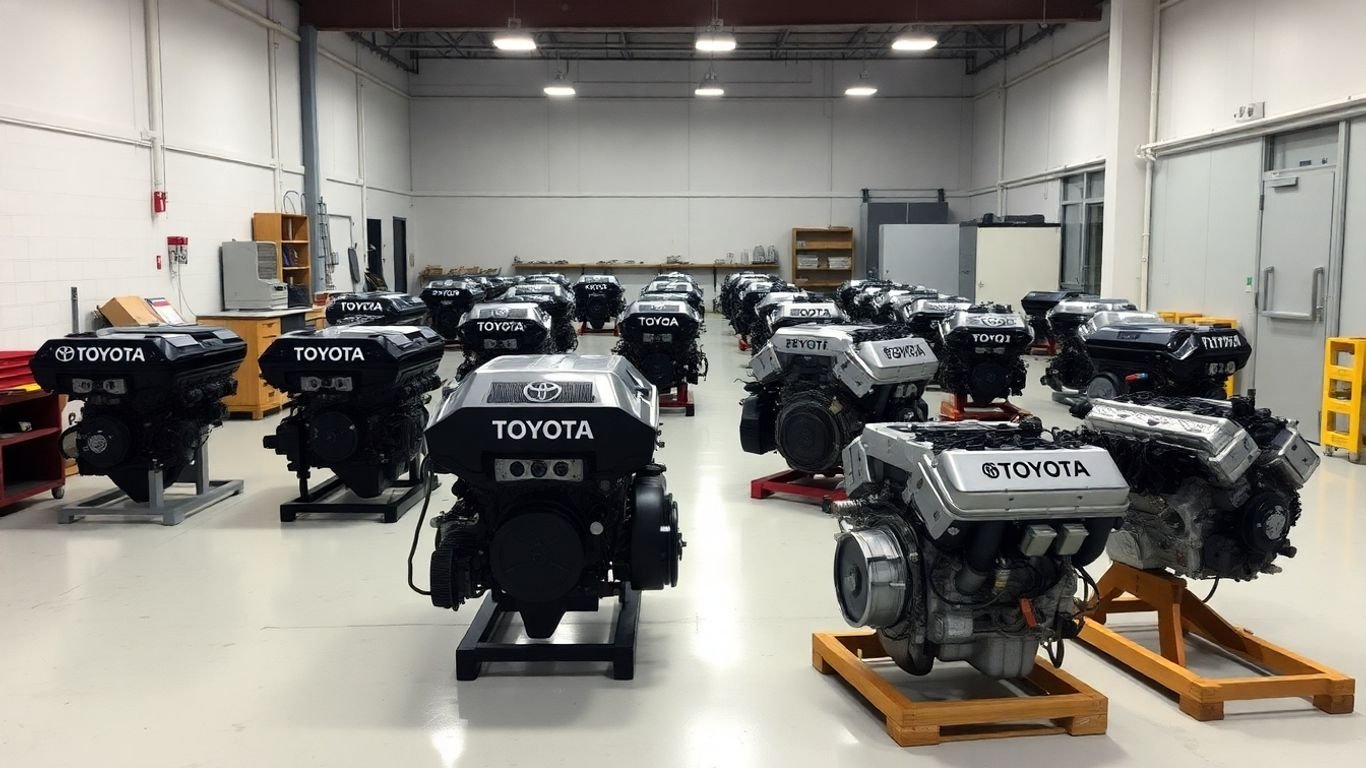 Various Toyota engines displayed in a workshop.