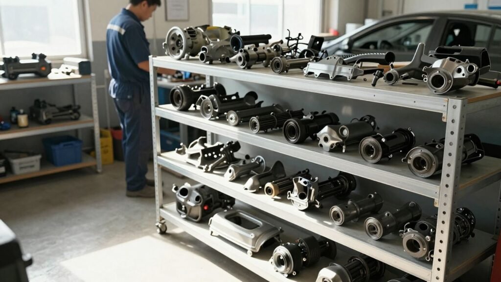 Toyota car parts and mechanic in workshop.