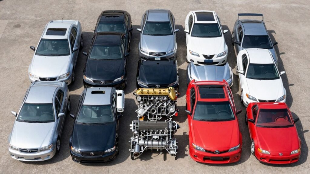 Toyota car parts at a wrecking yard.