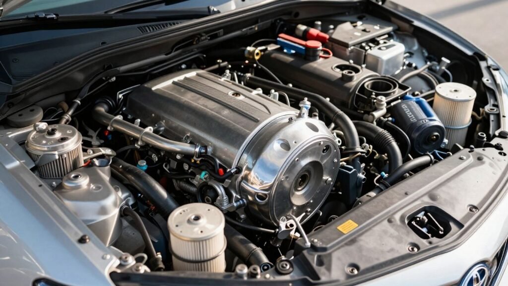Genuine Toyota Camry parts arranged neatly in an engine bay.