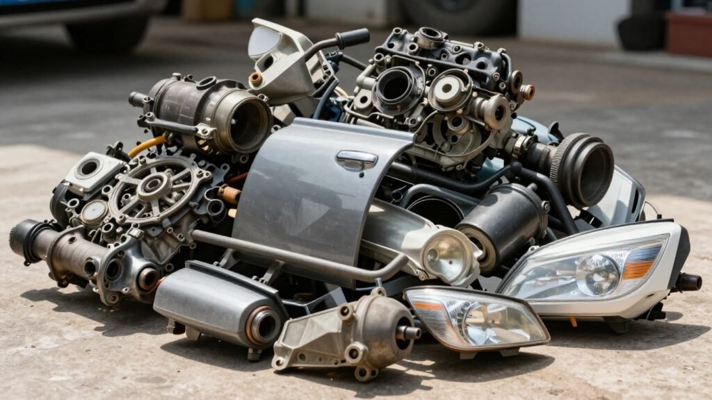 Used Toyota Corolla car parts stacked neatly outdoors.